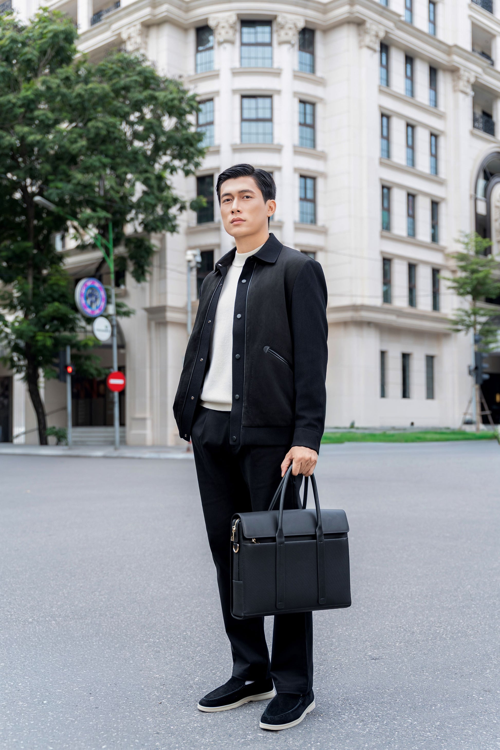Textured Leather Slim Briefcase