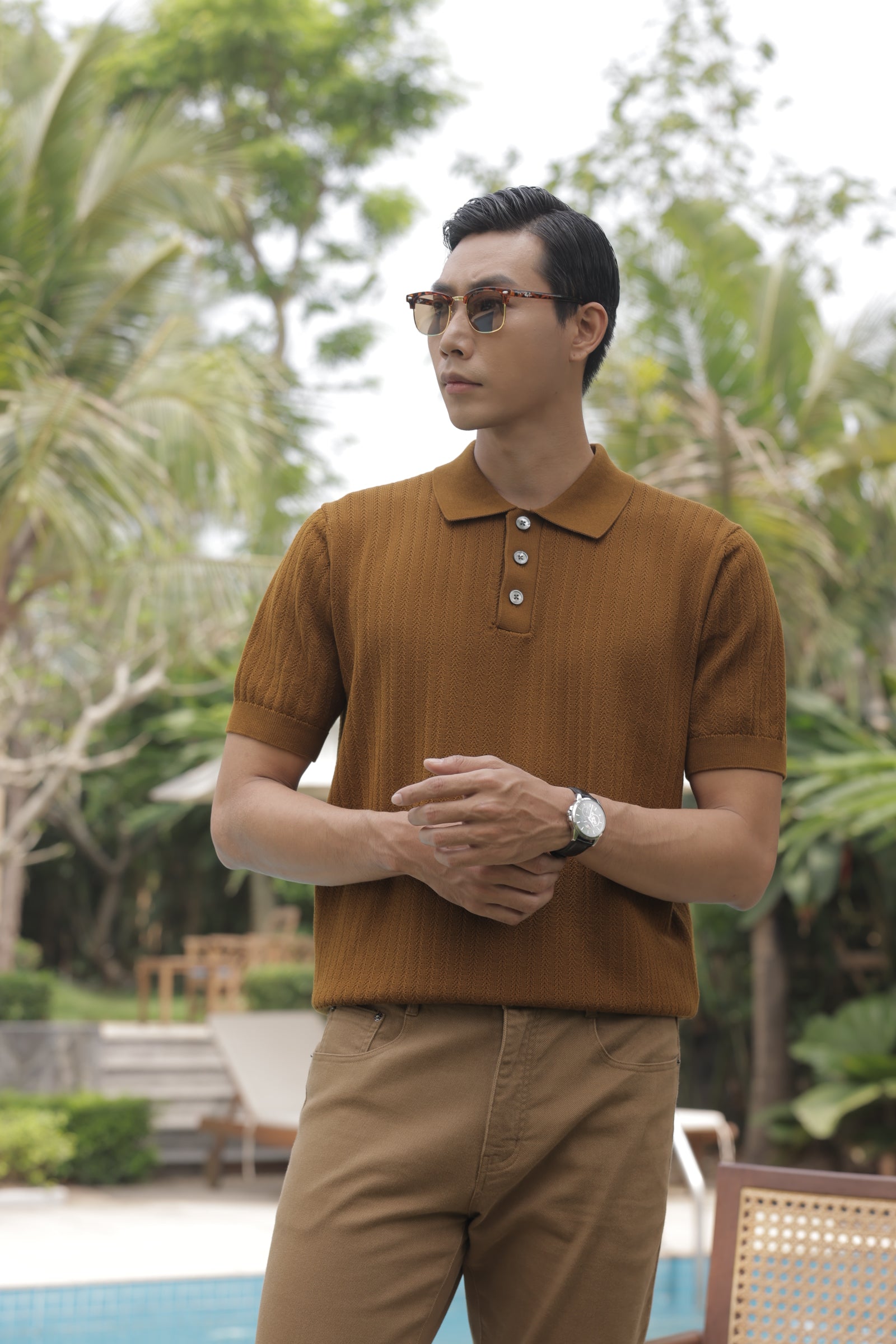 Chevron Textured Knit Polo Shirt