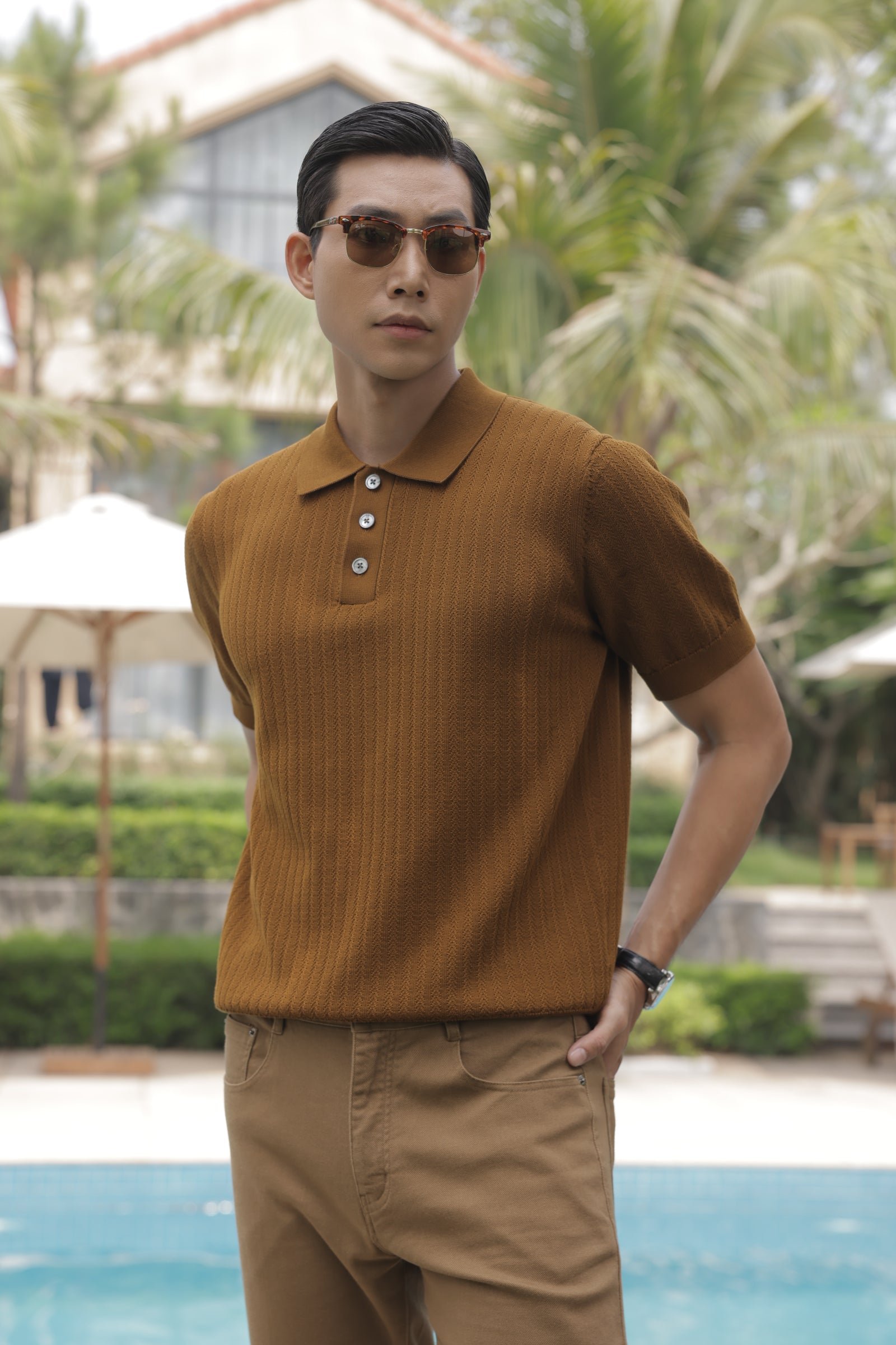 Chevron Textured Knit Polo Shirt