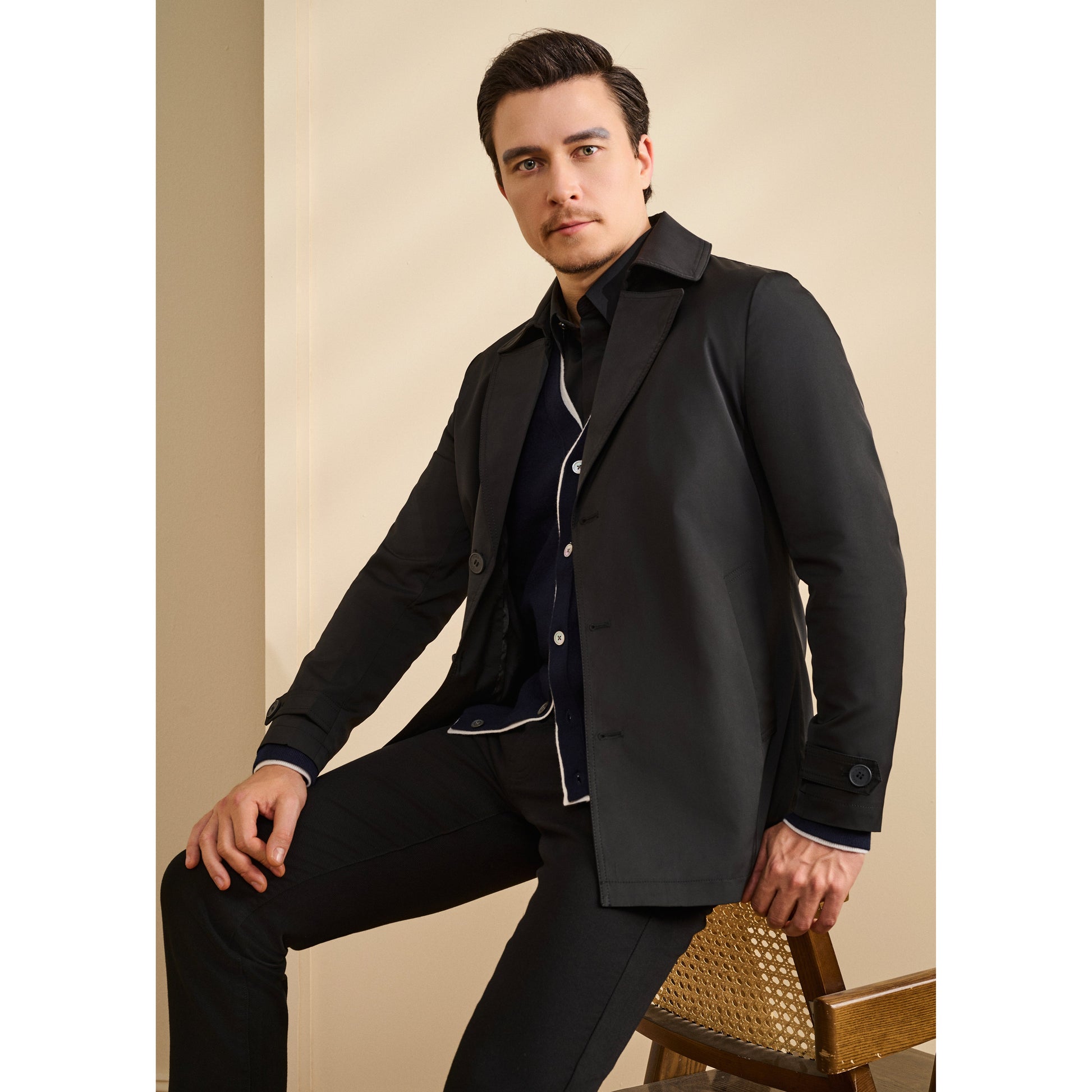 Short Coat with V-Lapel Collar