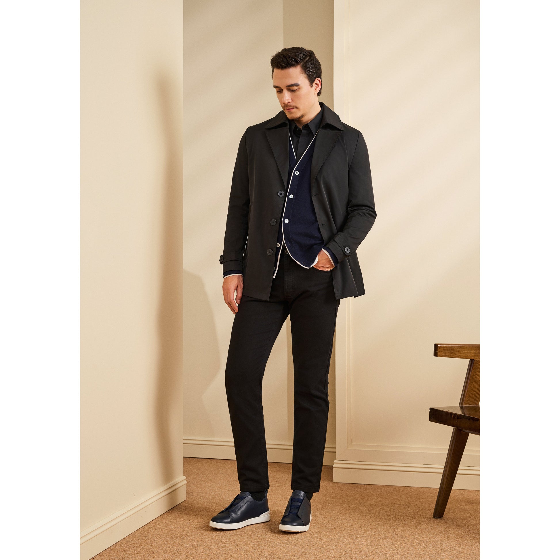 Short Coat with V-Lapel Collar